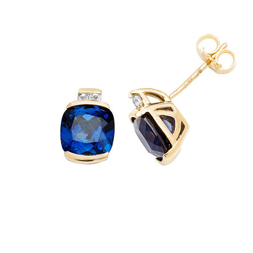 9ct Gold Cushion Created Sapphire And White Sapphire Studs ES1200S