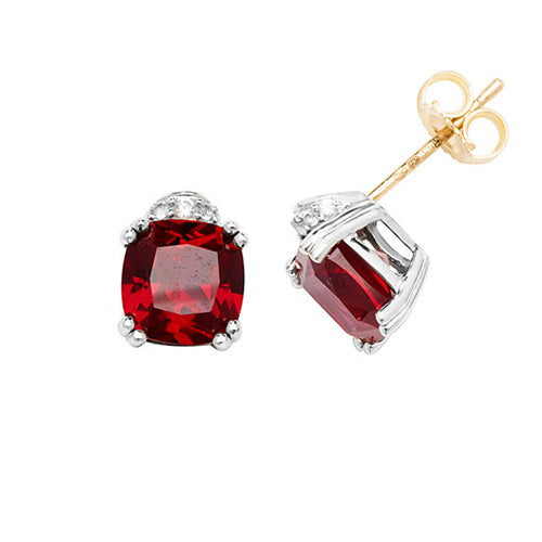 9Ct Gold Cushion Created Ruby And White Sapphire Studs ES1201R