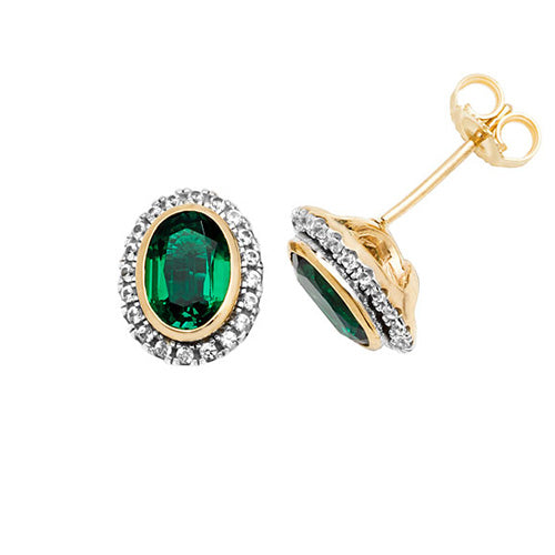 9Ct Gold Oval Created Emerald And White Sapphire Studs ES1202E