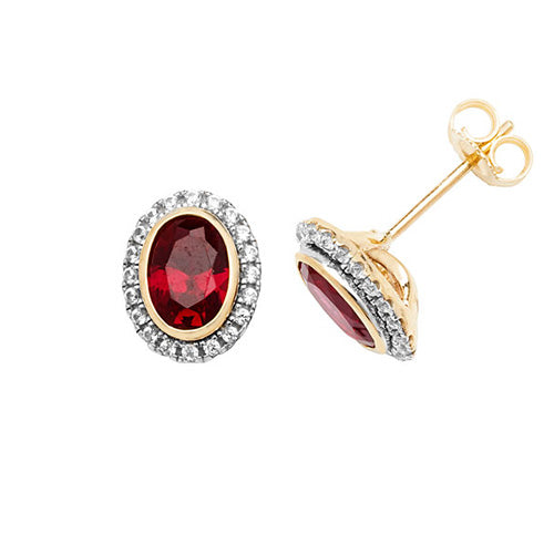 9Ct Gold Oval Created Ruby And White Sapphire Studs ES1202R