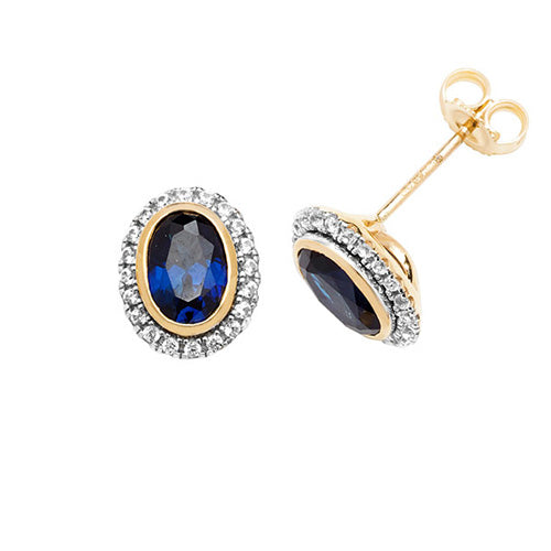 9Ct Gold Oval Created Sapphire And White Sapphire Studs ES1202S