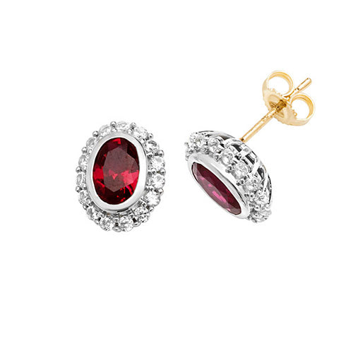 9Ct Gold Oval Created Ruby And White Sapphire Studs ES1203R