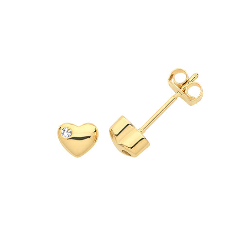 9Ct Gold Single Cz Set Heart Studs ES1612