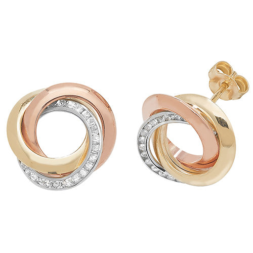 9Ct Gold Tricolour Cz Entwined Circle Studs ES173