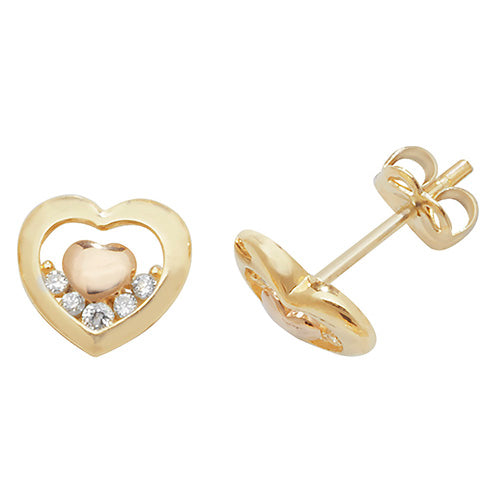 9Ct Gold Cz 2 Tone Double Heart Studs - ES436