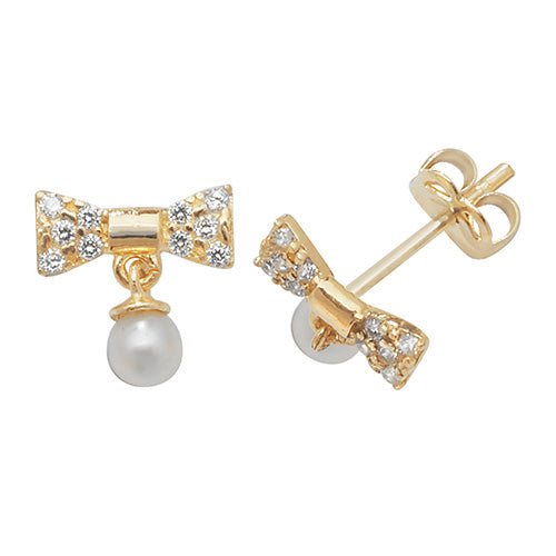 9Ct Gold Cz Bow With Dangle Pearl Studs - ES442