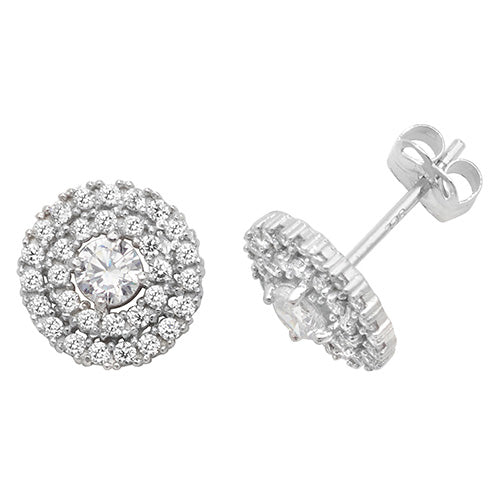 9Ct White Gold Round Cz 2 Row Cluster Studs - ES443W