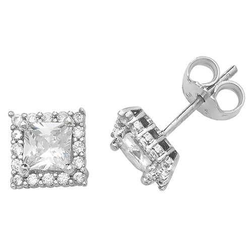 9Ct White Gold Cz Square Halo Studs - ES476W