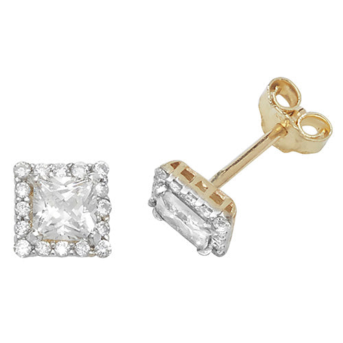 9Ct Gold Cz Square Halo Studs - ES477