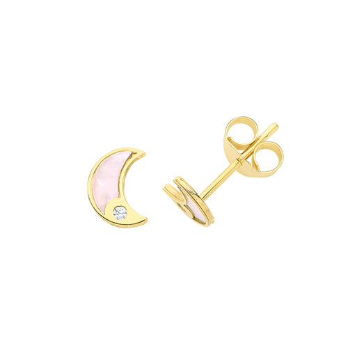 9Ct Gold Mother Of Pearl And Cz Crescent Moon Studs - ES631