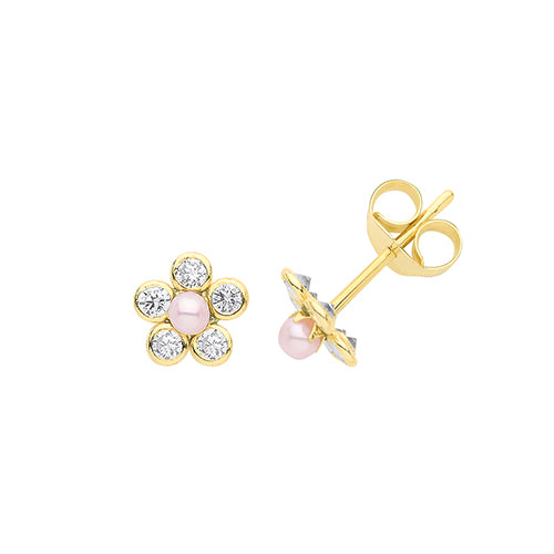 9Ct Gold Cz And Pink Pearl Daisy Studs - ES637