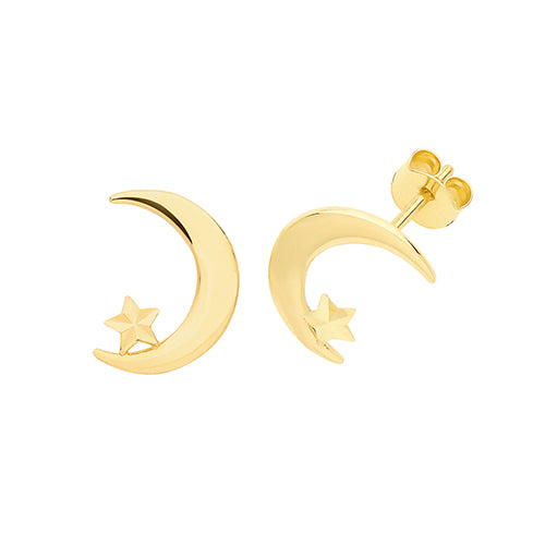 9Ct Gold Crescent Moon And Star Studs - ES670
