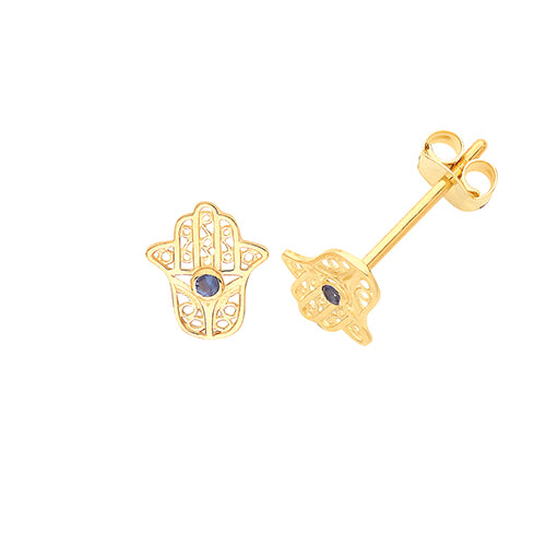 9Ct Gold Blue Cz Hamsa Studs - ES678