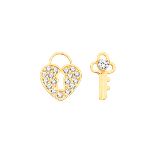 9Ct Gold Cz Heart And Key Studs - ES686