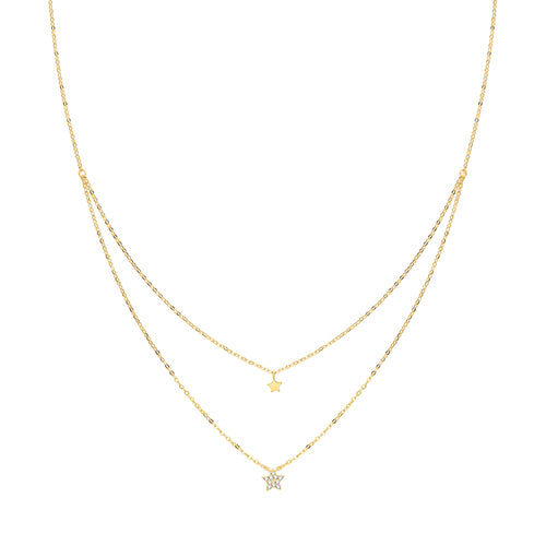 9Ct Gold Plain And Cz Star Double Chain Necklet - NK378