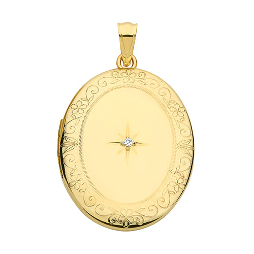 9ct Gold Engraved Oval Locket with CZ Stone - PN1087D