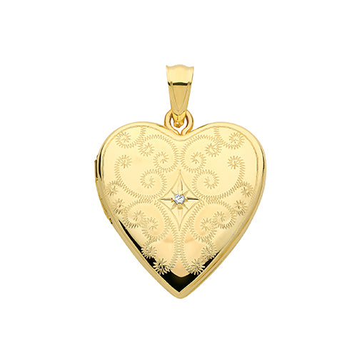9ct Gold Engraved Heart Diamond Set Locket - PN1102