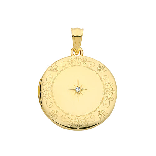 9ct Gold Engraved Round Locket with CZ Stone - PN1112D