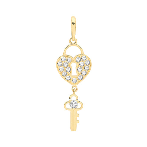 9ct Gold Cz Heart and Key Pendant PN1126