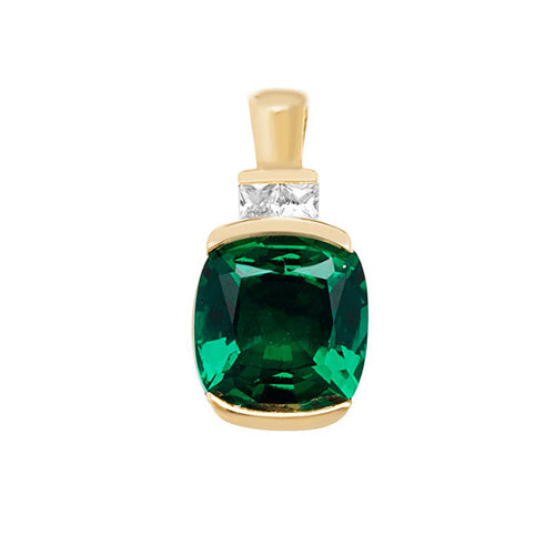 9 Ct Gold Cushion Created Emerald and White Sapphire Pendant - PN1200E