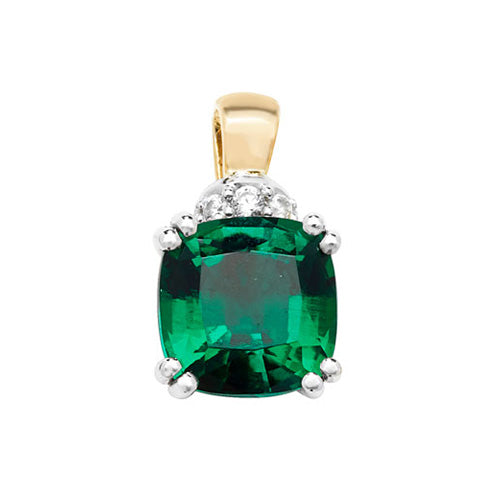 9ct Gold Cushion Created Emerald and White Sapphire Pendant - PN1201E