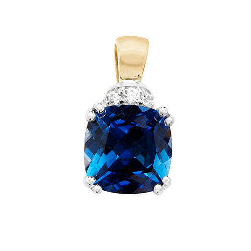 9ct Gold Cushion Created Sapphire and White Sapphire Pendant - PN1201S
