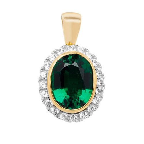 9 Ct Gold Oval Created Emerald & White Sapphire Pendant - PN1202E