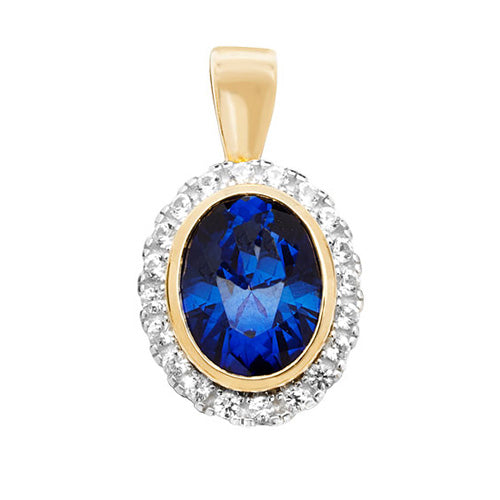 9ct Gold Oval Created Sapphire and White Sapphire Pendant - PN1203E