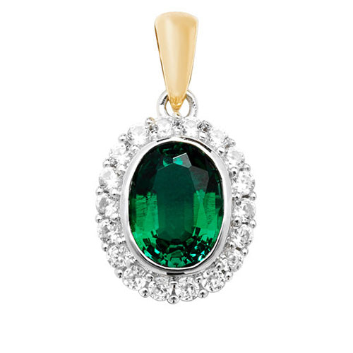 9ct Gold Oval Created Emerald and White Sapphire Pendant - PN1203E