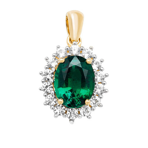 9ct Gold Oval Created Emerald and White Sapphire Pendant - PN1204E