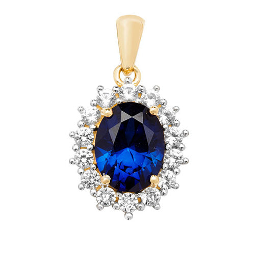9ct Gold Oval Created Sapphire and White Sapphire Pendant - PN1204S