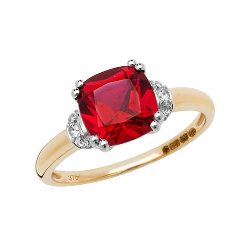 9ct Gold Cushion Created Ruby and White Sapphire Ring - RN1201R