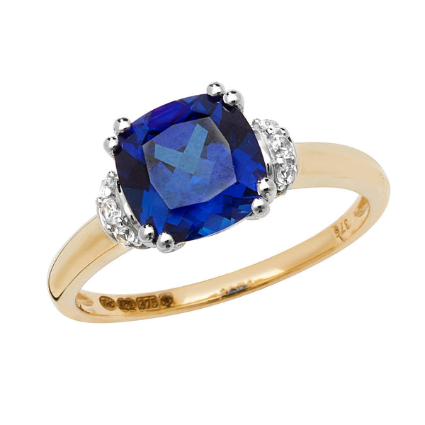 9ct Gold Cushion Created Sapphire and White Sapphire Ring - RN1201S