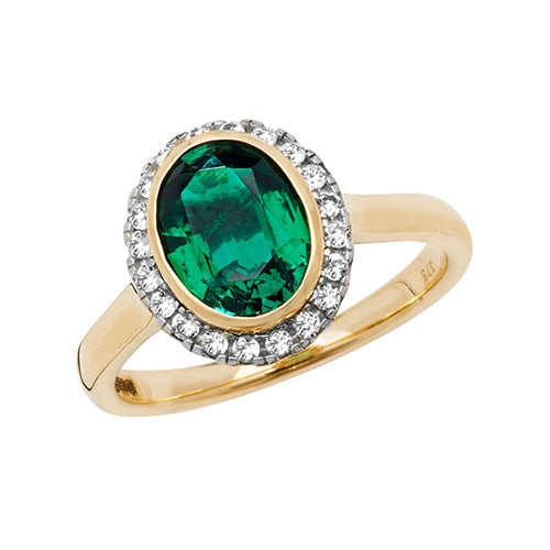 9ct Gold Oval Created Emerald and White Sapphire Ring - RN1202E