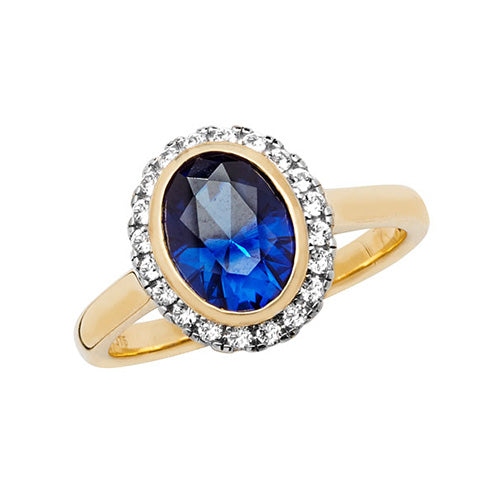 9ct Gold Oval Created Sapphire and White Sapphire Ring - RN1202S