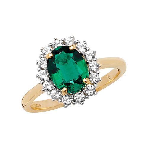 9ct Gold Oval Created Emerald and White Sapphire Ring - RN1204E