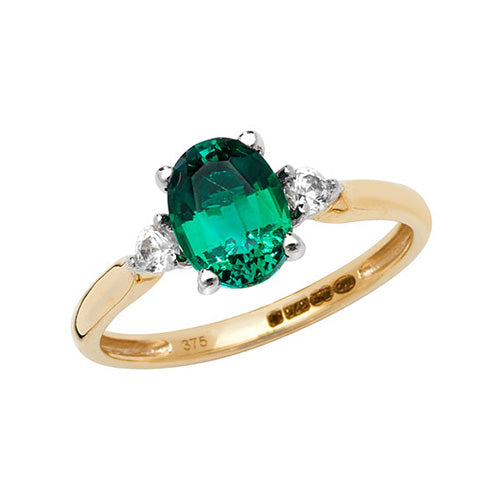 9ct Gold Oval Created Emerald and White Sapphire Ring - RN1205E