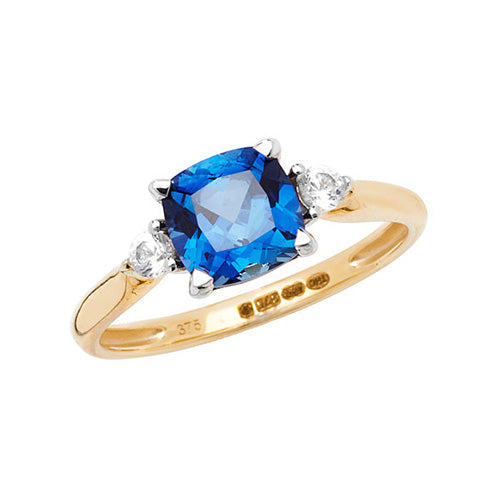 9ct Gold Cushion Created Sapphire and White Sapphire Ring - RN1206S