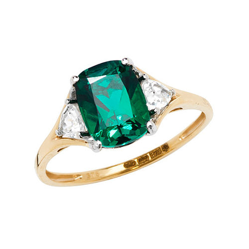 9ct Gold Cushion Created Emerald and White Sapphire Ring - RN1207E