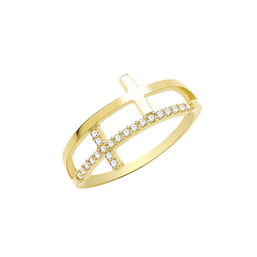 9ct Gold Cz Double Cross Ring - RN1653