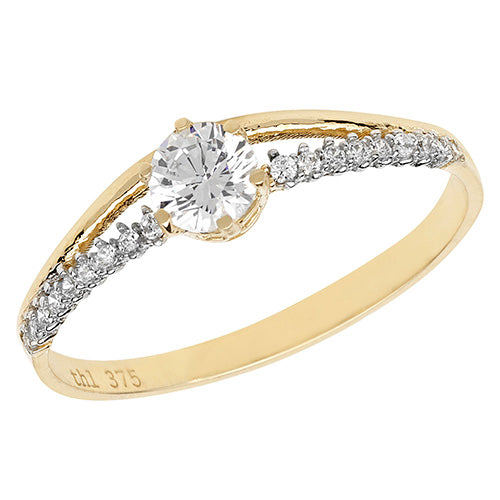 9ct Gold Solitaire Cz Pave Set Shoulders Ring - RN856