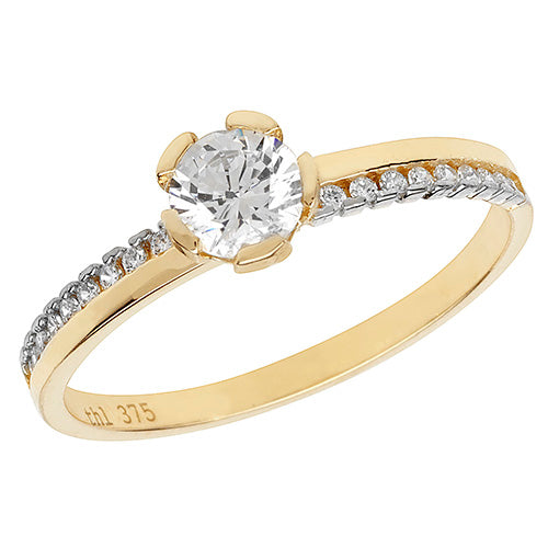 9ct Gold Solitaire Pave Set Shoulders Ring with CZ Stones - RN859