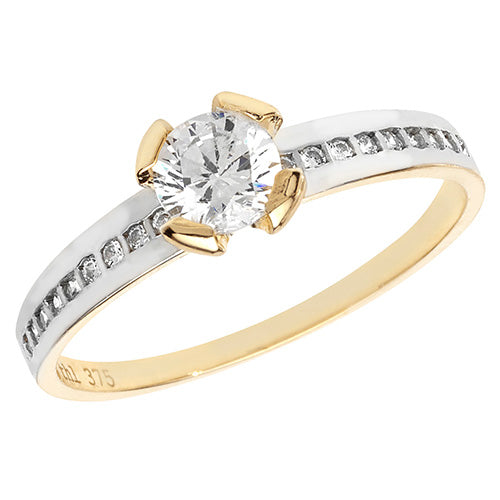 9ct Gold Solitaire Cz Channel Set Shoulders 2 Tone Ring - RN860