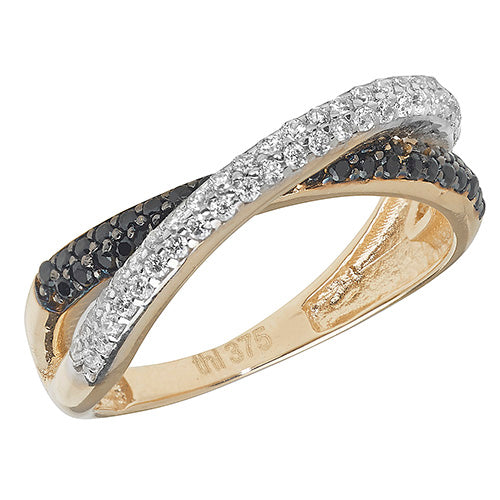 9ct Gold Black & White Cz Crossover Ring - RN870