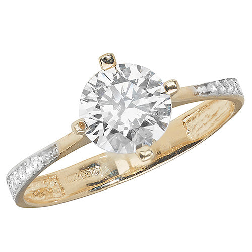 9Ct Gold Solitaire Cz With Pave Set Shoulders Ring - RN871