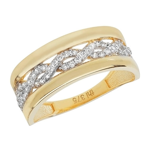 9Ct Gold Cz Set With Plaited Centre Ring - RN875