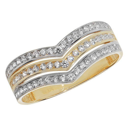 9Ct Gold 3 Row Cz Set Wishbone Ring - RN878