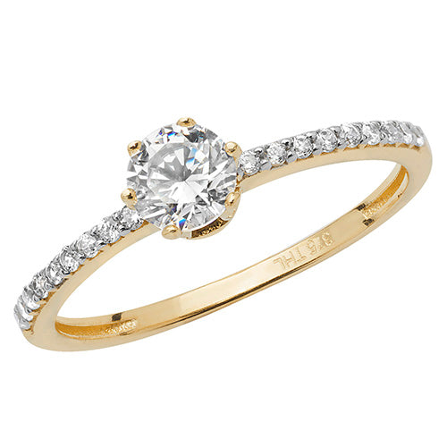 9Ct Gold Solitaire Cz With Grain Set Shoulders Ring - RN896