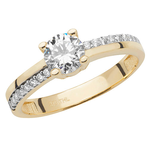9Ct Gold Solitaire Cz With Grain Set Shoulders Ring - RN898