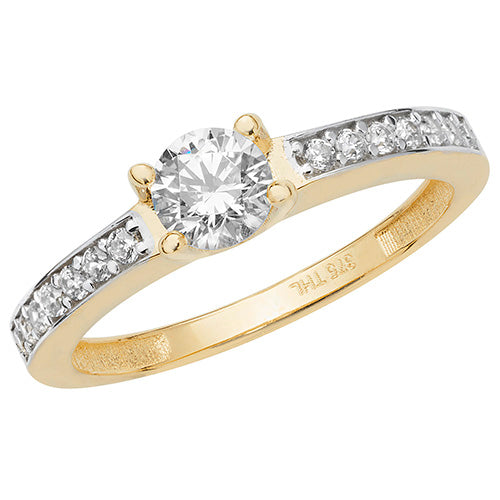 9Ct Gold Solitaire Cz With Pave Set Shoulders 2 Tone Ring - RN900